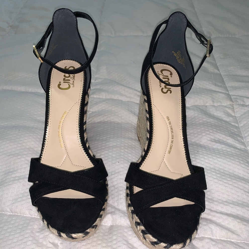 Black ankle strap wedge sandals